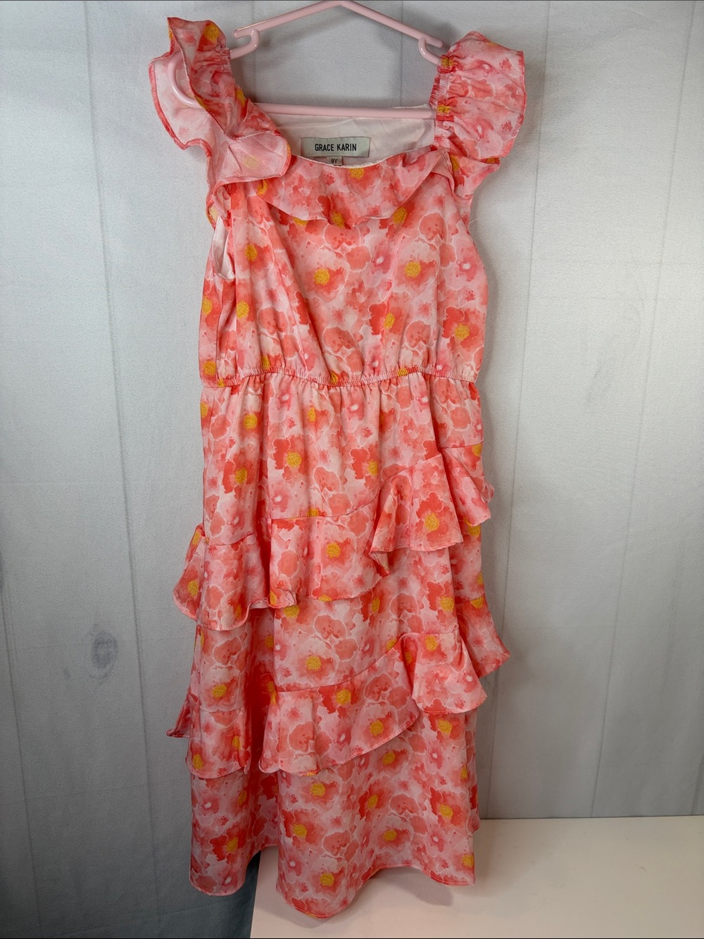 Grace Karin Coral Pink & Yellow Floral Ruffle Summer Dress Girls 8 NWOT